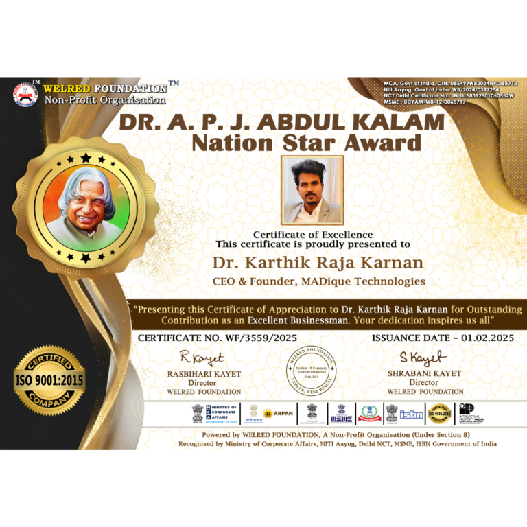 Dr. Karthik Raja Karnan Received Dr. A.P.J Abdul Kalam National Star Award for Excellent Businessman