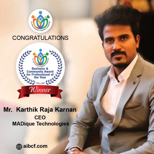 Mr.Karthik Raja Karnan Awarded Professional of the Year Award by India Business and Community Foundation